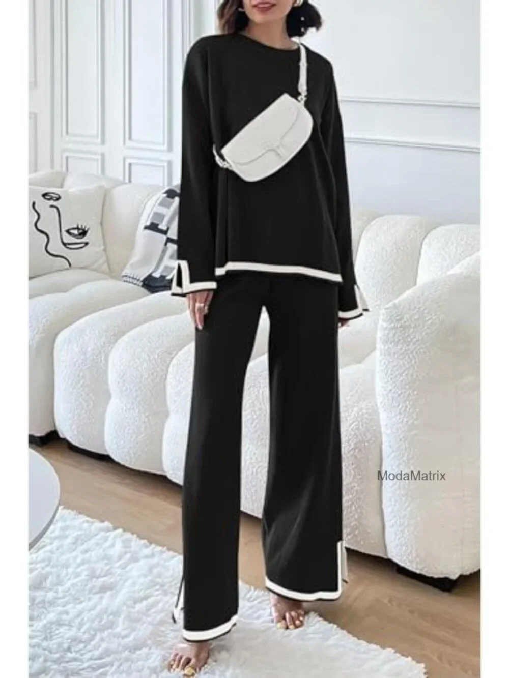 Women's 2 Piece Knit Sweater Set Long Sleeve Pullover High Waist Wide Leg Pants